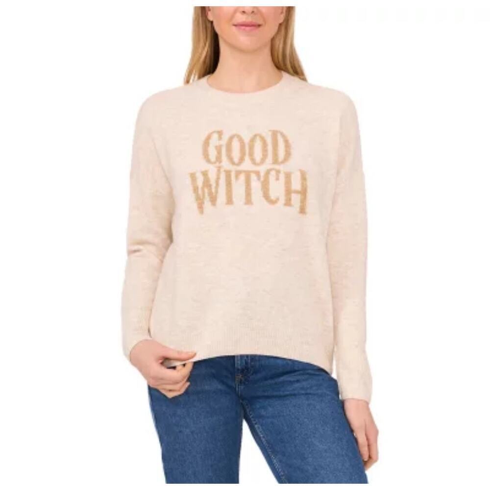 Vince Camuto Good Witch Sweater Long Sleeves Metallic Knit Beige WICKED